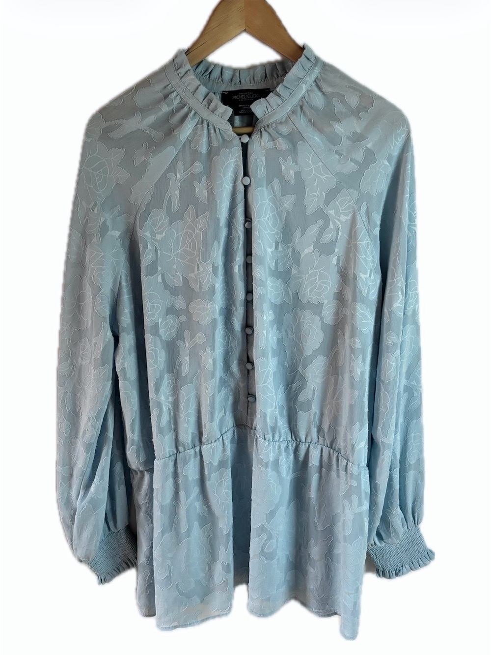 Michel Studio Light Blue Floral Jacquard Button-Up Blouse